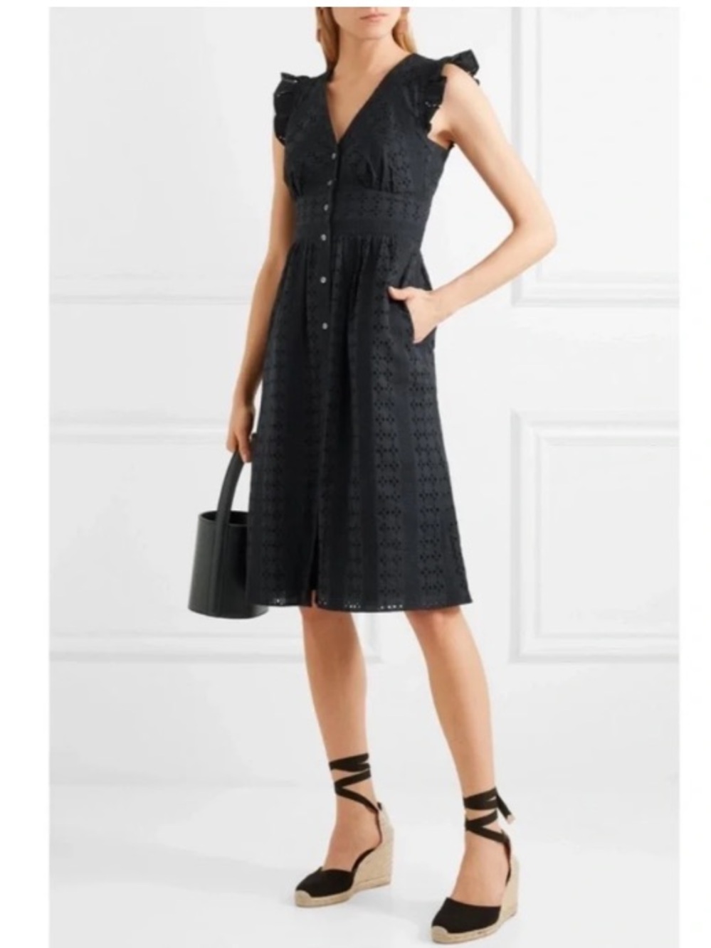 J. Crew Embroidered Eyelet Flutter Sleeve Button-Up Midi Dress Black 10